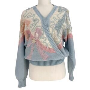 Vintage 80s Jaclyn Smith Pastel Metallic Floral Wrap Surplice Sweater M